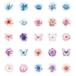 Vista plana de pegatinas estéticas de flores y mariposas en acuarela para decoración DIY