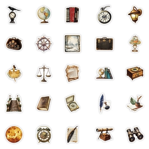 Gedetailleerd overzicht van 25 vintage Europese stickers voor journals en decor