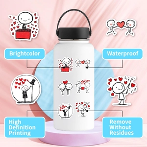 Detail showing waterproof cartoon heart stickers on a white water bottle with marketing text