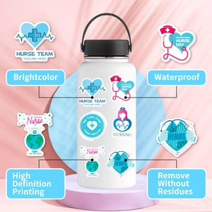 Nurse Day waterproof stickers on a white water bottle showing bright colors and HD printing