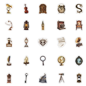 Gedetailleerd raster van 25 vintage stickers met klokken en muziekinstrumenten decor