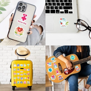 Nurse Day stickers on laptop, luggage, and phone showing waterproof medical graphics