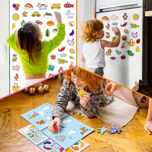 Educational magnetic sticker book for kids featuring animals and vehicles on various surfaces