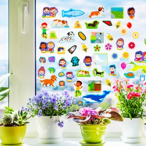 Stickers éducatifs de dessins animés avec animaux et robots sur une fenêtre en verre
