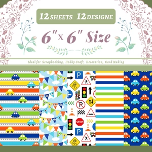 Dettaglio di 12 carte per scrapbooking 6x6 pollici con motivi di auto e traffico