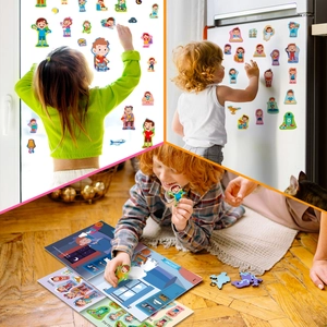 Detailed scenes showing reusable antonym stickers applied on glass, fridge, and storybook