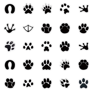 Detailed collection of 25 unique black animal paw prints and footprint silhouettes stickers