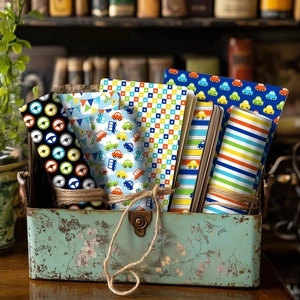 Dettaglio del set da 12 fogli per scrapbooking a tema auto legati con spago in una scatola