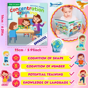 Detail of waterproof educational sticker book for toddlers showing opposites and size metrics