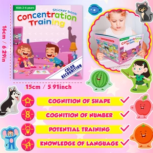 Detailed view of color recognition sticker book showing 16x15cm size and cognitive layout