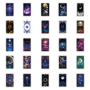 Detailed set of 25 galaxy and gothic stickers with moons, butterflies and hourglass