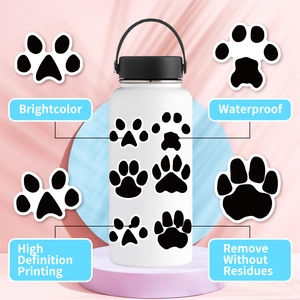 Detail showing black paw print stickers on a white water bottle with waterproof feature