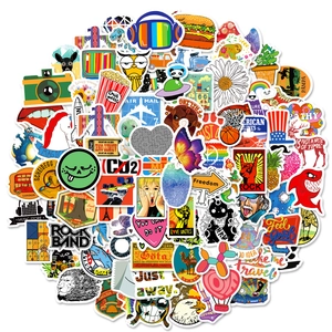 Pack of 100 assorted waterproof PVC stickers with cartoon and retro graffiti designs