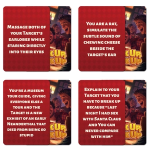 Cartes de jeu KUP KUP avec motifs de losanges rouges et illustrations humoristiques