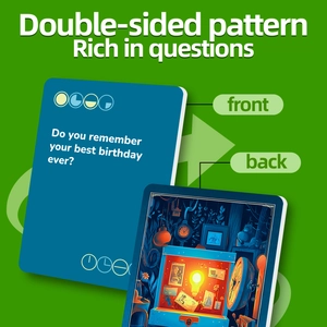 Macro view of double-sided romantic date cards featuring questions and colorful illustrations