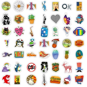 Flat lay of diverse waterproof vinyl stickers featuring animals, slogans and retro pop art icons