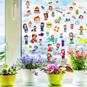 Colorful career themed kids window stickers with cartoon characters and school bus