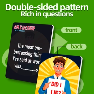 Close-up of double-sided party game cards with questions and colorful illustrations