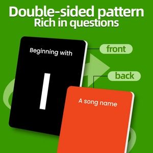 Double-sided flashcards for couples game showing questions like Beginning with I and A song name