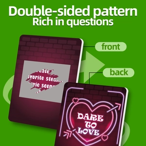Double-sided interaction cards for couples featuring red heart patterns and neon dares