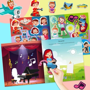 Close-up of interactive sticker book showing various career themes with stickers