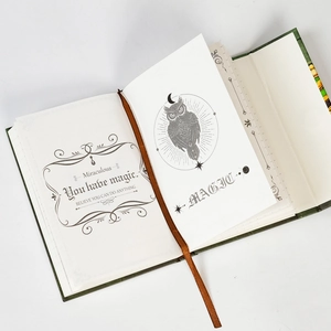 Détail d'un carnet vintage vert avec illustrations magiques, papier ligné et ruban signet