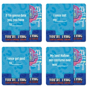 Set of You're Lying board game cards with interactive party questions and drinking rules