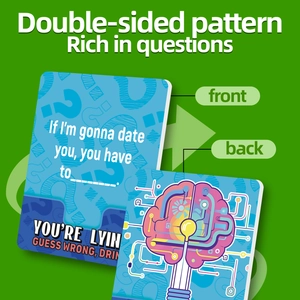 Macro shot of double-sided party game cards with creative brain icons and interaction prompts