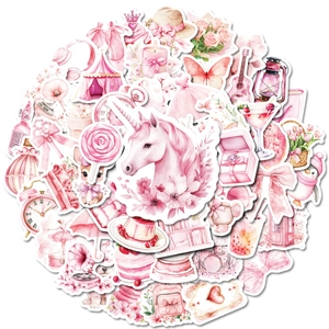 Set of 50 pink aesthetic waterproof stickers with unicorns and roses for DIY decor