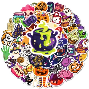50pcs waterproof Halloween stickers featuring pumpkins, ghosts, and bats for DIY decor