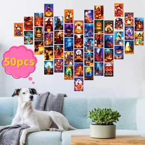 Detailed view of 50 Halloween wall art cards arranged in a heart shape on a home wall
