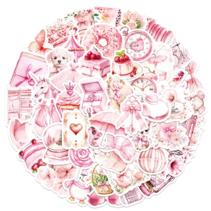 Set of 50 aesthetic pink waterproof stickers for laptop, featuring vintage dessert patterns