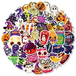 50pcs Halloween cartoon stickers set with pumpkin ghost and bat designs on white background