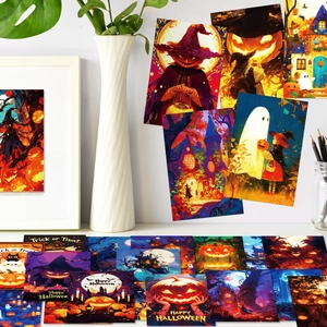 50pcs Dark Cartoon Halloween Wall Cards with Pumpkins and Ghosts for Party Decor