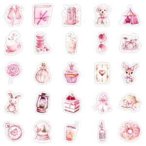Detailed collection of 25 pink aesthetic watercolor stickers for laptops and journals