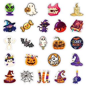 Collection of 25 cute Halloween stickers featuring pumpkins, ghosts, and bats in a 5x5 grid
