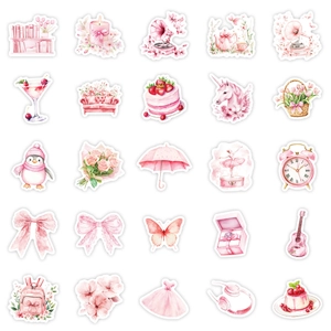 Macro detail of 25 pink aesthetic watercolor stickers for DIY laptops and guitars