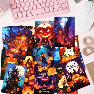 50-piece dark cartoon Halloween wall cards set featuring pumpkins and ghosts flat lay