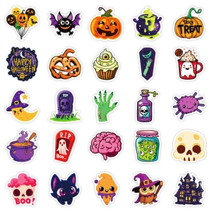 Flat lay of 25 cute Halloween stickers featuring pumpkins, ghosts, and bats for DIY decor