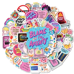 Mental health awareness stickers set with colorful cartoon anxiety theme illustrations