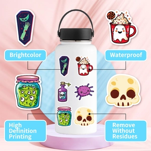 Waterproof Halloween stickers on a water bottle featuring ghosts and pumpkins