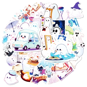 Cute white ghost cartoon stickers for laptop and phone showing various funny scenes