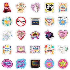 Detailed grid view of 25 unique colorful anti-anxiety and mental health vinyl stickers