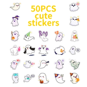 Close-up of 50pcs cute Halloween ghost stickers with pumpkin and wizard hat patterns