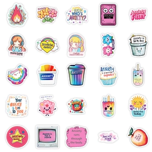 Set of 25 waterproof cartoon stickers featuring mental health slogans and creative doodles