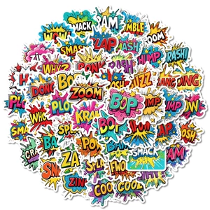Pack de 50 pegatinas de arte pop con textos de cómic Boom y Wow para maletas y monopatines