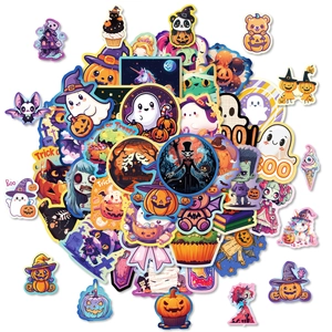 50pcs cute Halloween cartoon stickers with pumpkin, ghost, and cat patterns for DIY decor