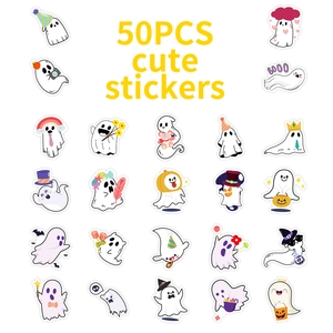Detailed grid of 50pcs cute cartoon ghost stickers with various Halloween themed designs