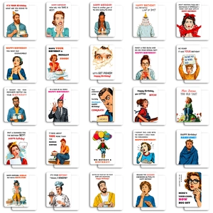 Set of 50 vintage comic style birthday cards with humorous English text on white background