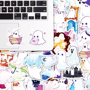 Set of 50 cute white cartoon ghost stickers for decorating laptops and water bottles